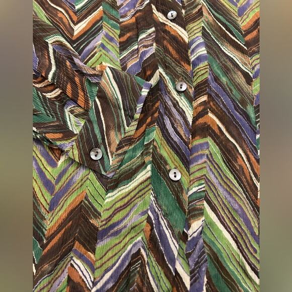 EUC Max Mara 100% Silk Sheer Button-Up Blouse Chevron Green Brown Purple Size 8 - Picture 3 of 9